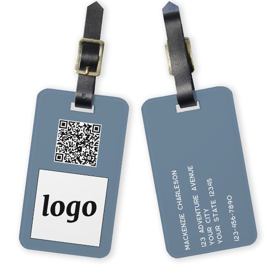Étiquette À Bagage Logo QR Code Dusty Blue Grey Business Promotion