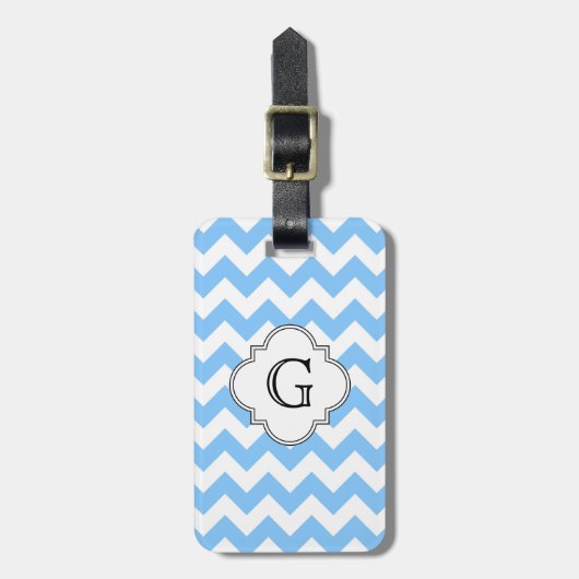 Étiquette À Bagage Lt Blue Wht Chevron Zigzag Wht Quatrefoil Monogram (Devant Vertical)