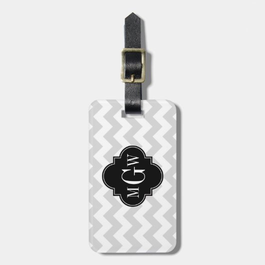 Étiquette À Bagage Lt Gray Wht Chevron Black Quatrefoil 3 monogram (Devant Vertical)