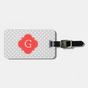 Étiquette À Bagage Lt Gray Wt Polka Dot Coral Red Quatrefoil