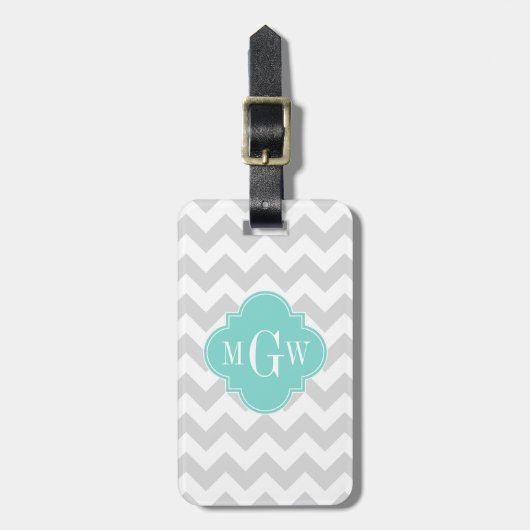 Étiquette À Bagage Lt Grey What Chevron Aqua Quatrefoil 3 Monogramme (Devant Vertical)