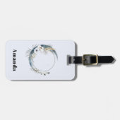 Étiquette À Bagage Lune de croissant bleu avec fleurs blanches (Devant horizontal)