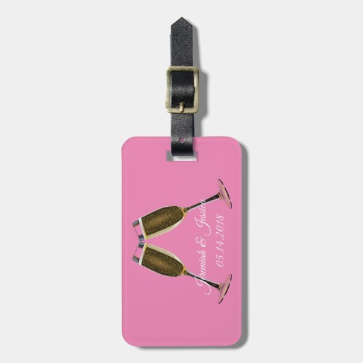 Étiquette À Bagage Lunettes de champagne et Arrière - plan rose (Devant Vertical)