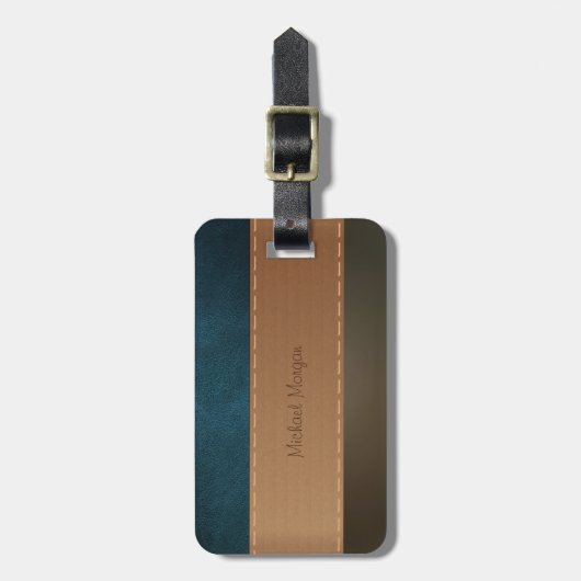 Étiquette À Bagage Luxe élégant, Rétro, Cuir vert rayé (Devant Vertical)