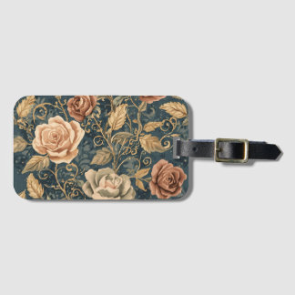 Étiquette À Bagage Luxe, Jardin de Roses Vintage, Fond Bleu