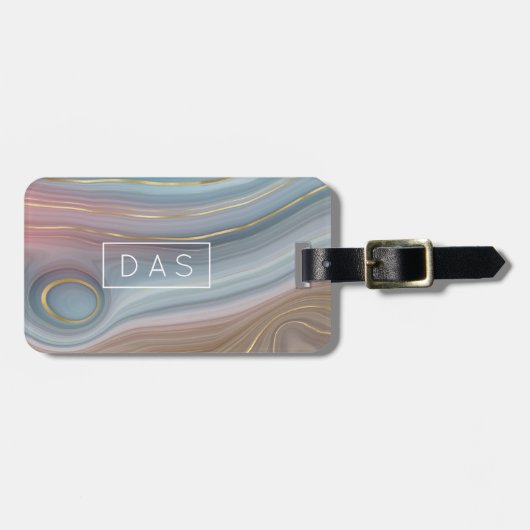 Étiquette À Bagage Luxe Strata | Ardoise Bleu Taupe Rose Agate Monogr (Devant horizontal)