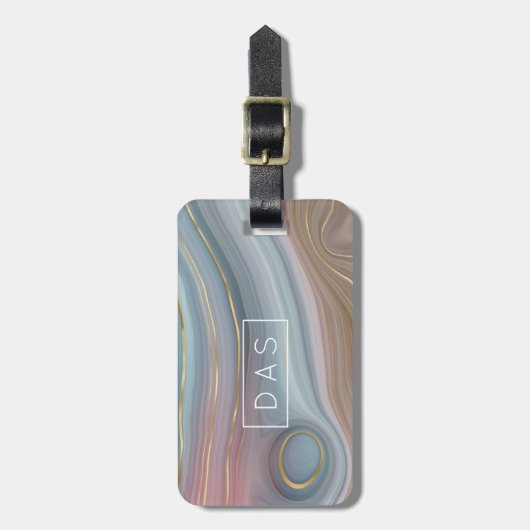 Étiquette À Bagage Luxe Strata | Ardoise Bleu Taupe Rose Agate Monogr (Devant Vertical)