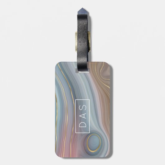 Étiquette À Bagage Luxe Strata | Ardoise Bleu Taupe Rose Agate Monogr (Dos Vertical)