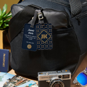 Étiquette À Bagage luxueux or bleu classique monogramme personnaliser
