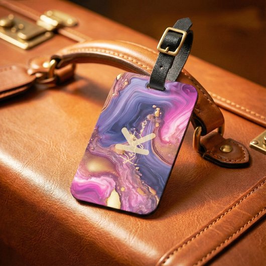 Étiquette À Bagage Luxury Purple & Gold Agate Marble Alcohol Ink