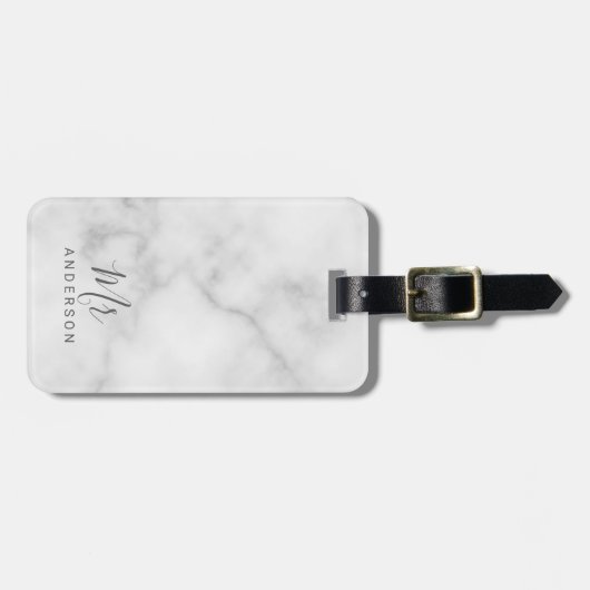 Étiquette À Bagage M. et Mme.| Marbre blanc élégant Script moderne (Devant horizontal)