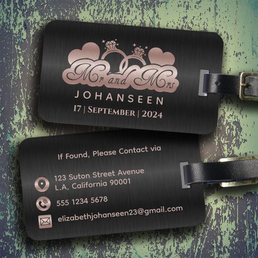 Étiquette À Bagage M. & Mme Monogram Black Rose Mariage d'or à neuf