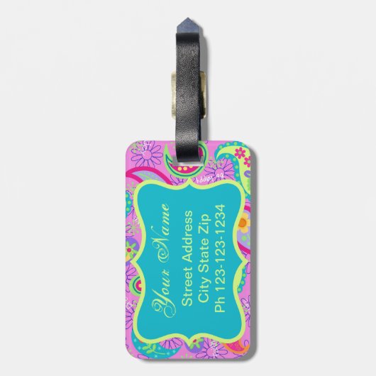 Étiquette À Bagage Magenta rose Turquoise moderne Paisley Monogramme (Dos Vertical)