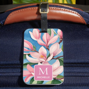 Étiquette À Bagage Magnolia Botanique Moderne Art Rose Monogramme