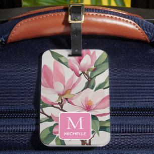 Étiquette À Bagage Magnolia Botanique Moderne Art Rose Monogramme