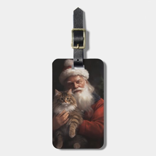 Étiquette À Bagage Maine Coon avec Noël Festif du Père Noël (Devant Vertical)