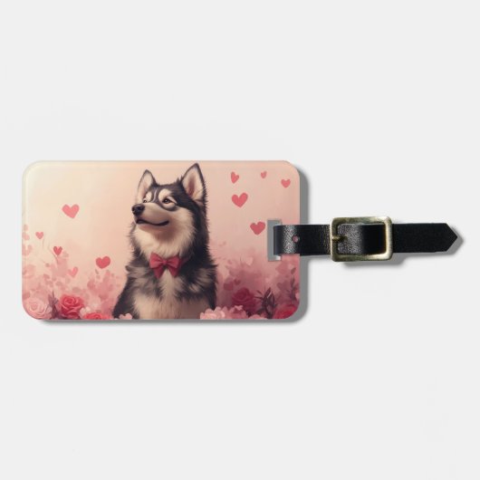 Étiquette À Bagage Malamute d'Alaska avec Rose - Saint-Valentin (Devant horizontal)