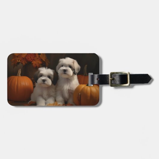 Étiquette À Bagage Malti tzu Puppy Citrouille d'automne (Devant horizontal)