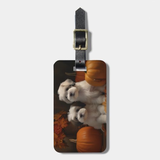 Étiquette À Bagage Malti tzu Puppy Citrouille d'automne (Devant Vertical)