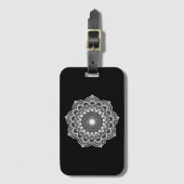 Étiquette À Bagage Mandala blanc sur fond noir (Devant Vertical)