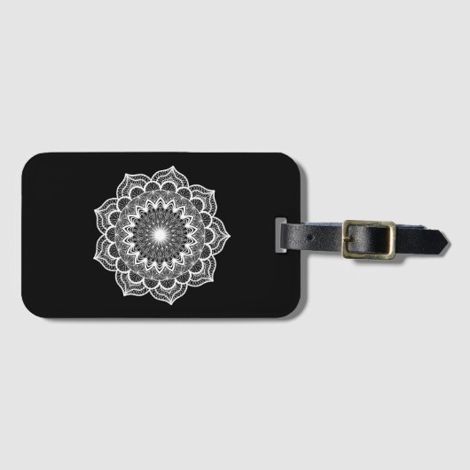 Étiquette À Bagage Mandala blanc sur fond noir (Devant Horizontal)