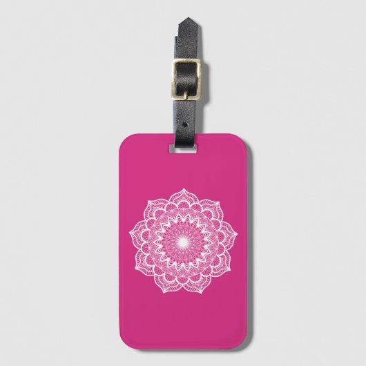 Étiquette À Bagage Mandala blanc sur fond rose (Devant Vertical)