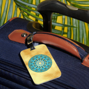 Étiquette À Bagage Mandala bleu or sur fond or doux