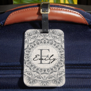 Étiquette À Bagage Mandala Nom personnalisé Monogramme Monochrome gri