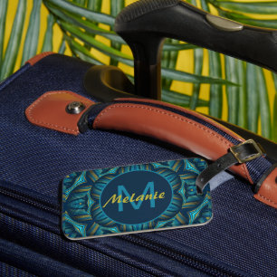 Étiquette À Bagage Mandala Orné Bleu Jaune Abstrait Personnalisé