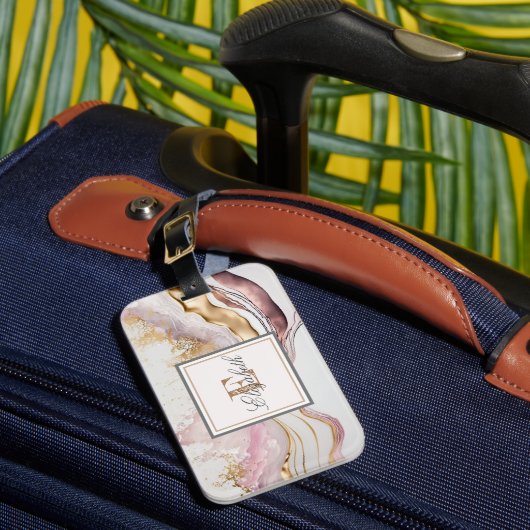 Étiquette À Bagage Marbre à texture de pierre rose tendance, monogram (Insitu Rectoal 1)