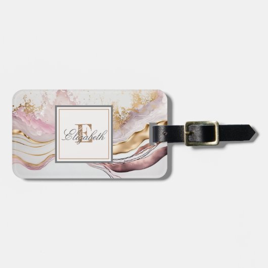 Étiquette À Bagage Marbre à texture de pierre rose tendance, monogram (Devant horizontal)