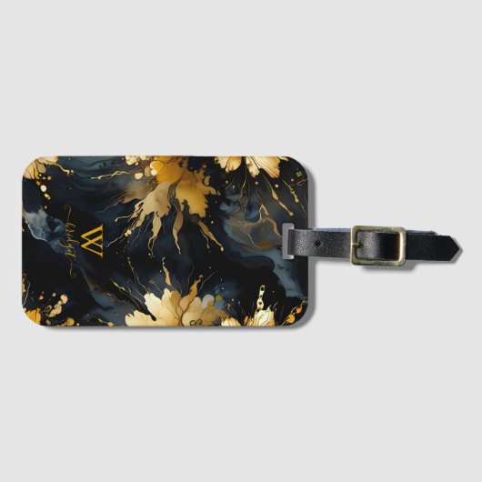 Étiquette À Bagage marbre abstrait or noir (Devant Horizontal)
