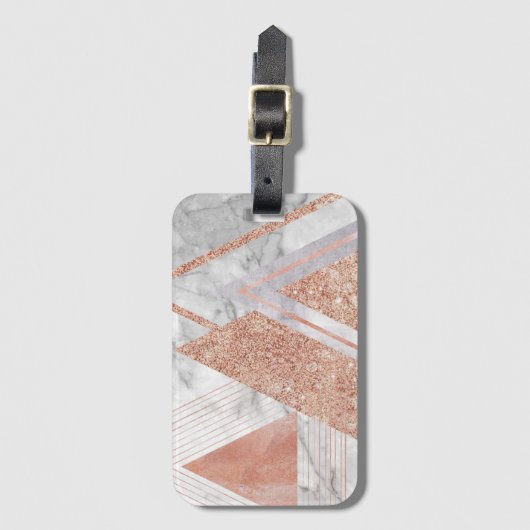 Étiquette À Bagage marbre blanc Rose or triangles géométriques (Devant Vertical)