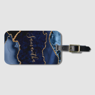 Étiquette À Bagage Marbre d'agate bleu marine et faux or pailleté