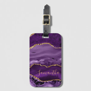 Étiquette À Bagage Marbre d'agate pailleté de faux or et violet
