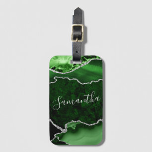 Étiquette À Bagage Marbre d'agate vert et paillettes de faux argent