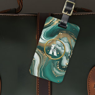 Étiquette À Bagage Marbre émeraude élégant avec Gold Initial et nom