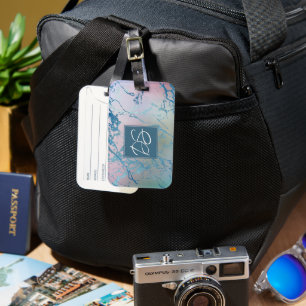 Étiquette À Bagage Marbre Iridescente Tendance Faux Holo bleu rose