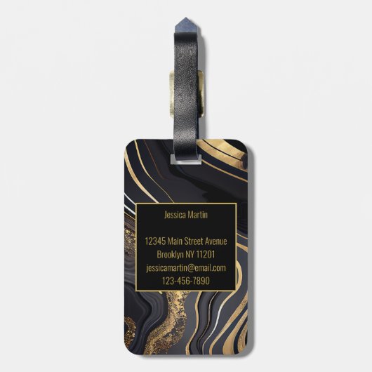 Étiquette À Bagage Marbré moderne noir et or (Dos Vertical)