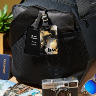 Étiquette À Bagage Marbre noir et or Texte personnalisé