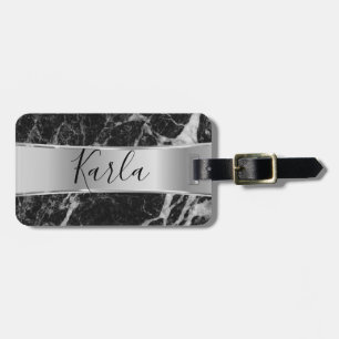 Étiquette À Bagage Marbre noir Faux & Argent métallique