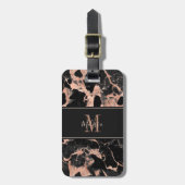 Étiquette À Bagage Marbre Noir Or Rose Monogramme (Devant Vertical)