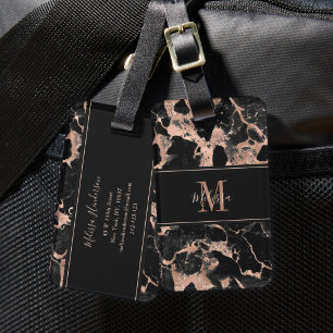 Étiquette À Bagage Marbre Noir Or Rose Monogramme