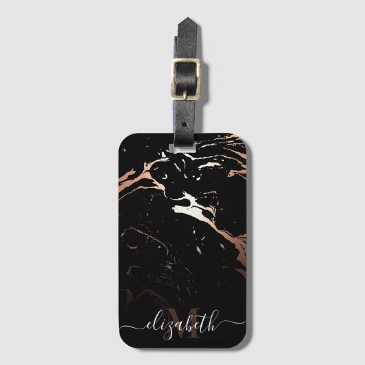 Étiquette À Bagage Marbre noir rose or (Devant Vertical)