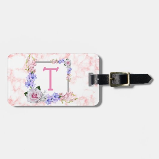 Étiquette À Bagage Marbre rose monogramme (Devant horizontal)