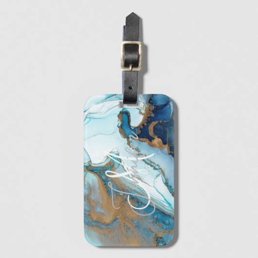 Étiquette À Bagage marbre turquoise turquoise indigo bleu agate Monog (Devant Vertical)