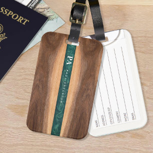 Étiquette À Bagage Marbre vert noyer Nom du monogramme personnalisé