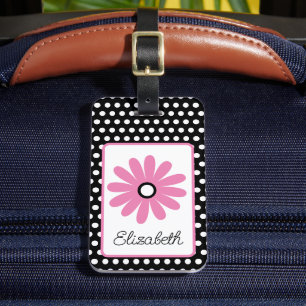 Étiquette À Bagage Marguerite rose et noire avec des pois blancs