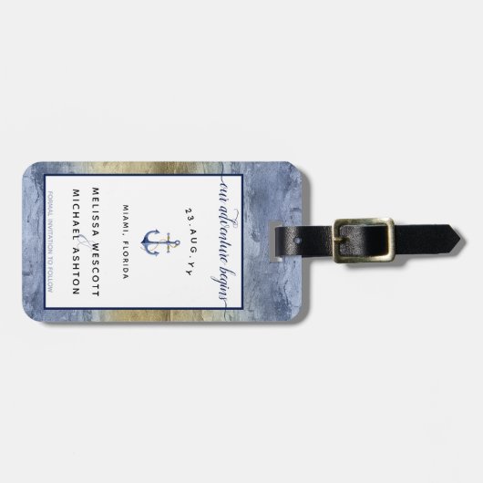 Étiquette À Bagage Mariage bleu et or Enregistrer la date (Devant horizontal)