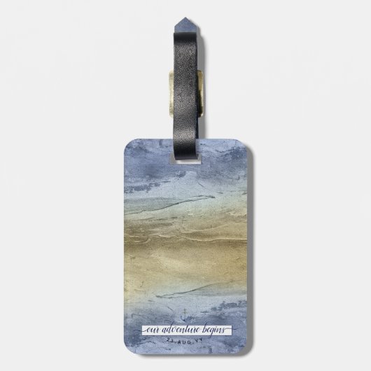 Étiquette À Bagage Mariage bleu et or Enregistrer la date (Dos Vertical)